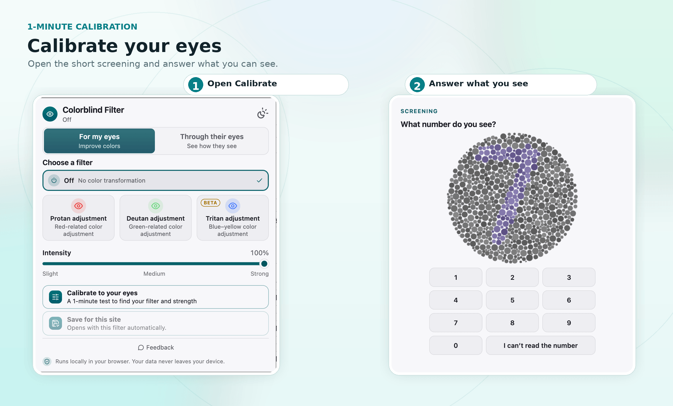 Colorblind Filter calibration flow from the Calibrate to your eyes button to the screening question