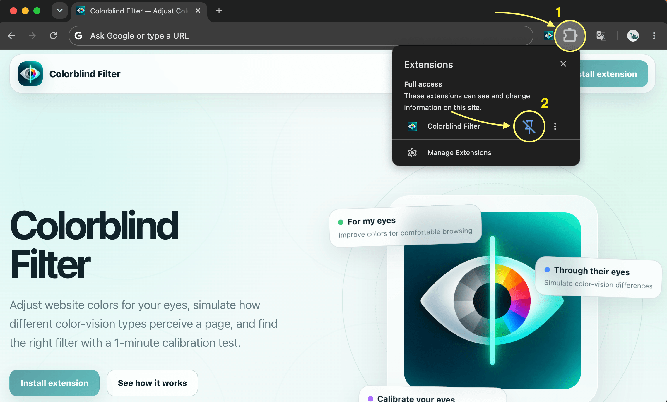 Chrome Extensions menu showing how to pin Colorblind Filter