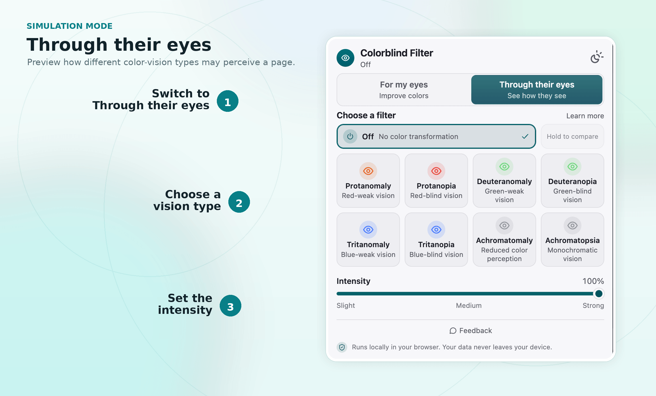Colorblind Filter Through their eyes mode with the simulation controls highlighted